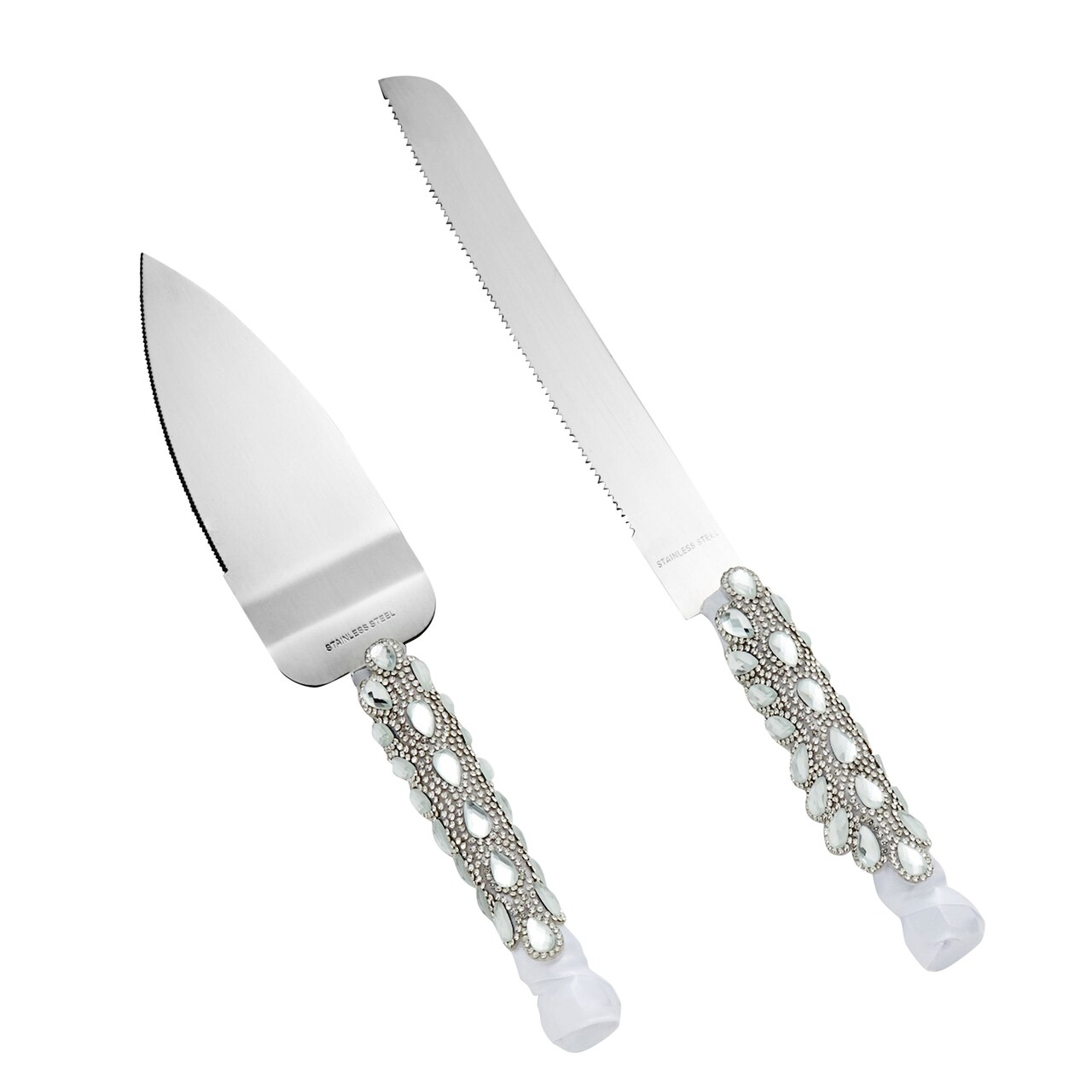 Stainless Steel Wedding Cake Knife and Server Set for Cake Cutting Ceremony, Embellished with Faux Crystals, Diamonds, Ribbon